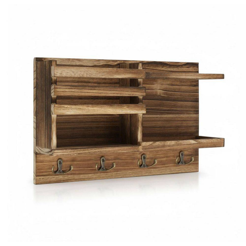 15.7 In. W X 3.6 In. D Burnt Brown Key Holder with 8 Hooks, Solid Wood Key and M