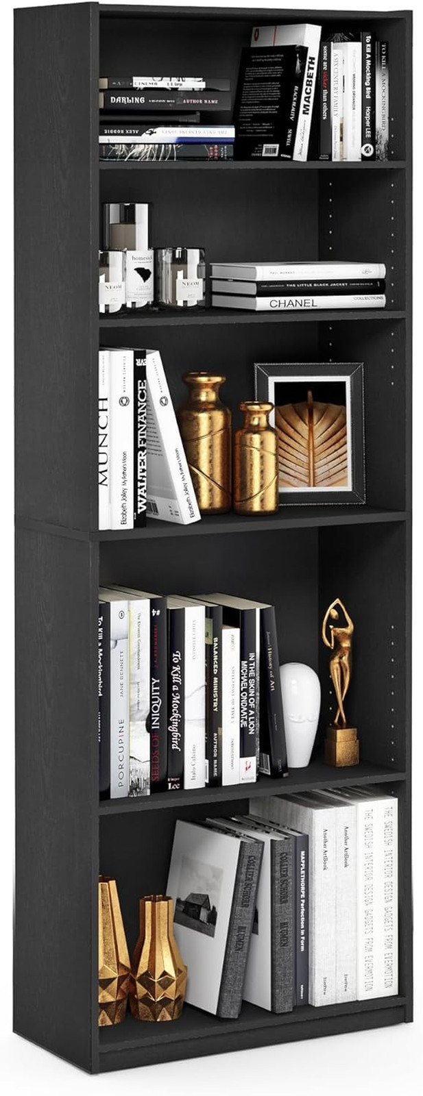 JAYA Book Shelf, 5-Tier Bookshelf, Bookcase with Adjustable Shelves, 9.5″ X 24.5