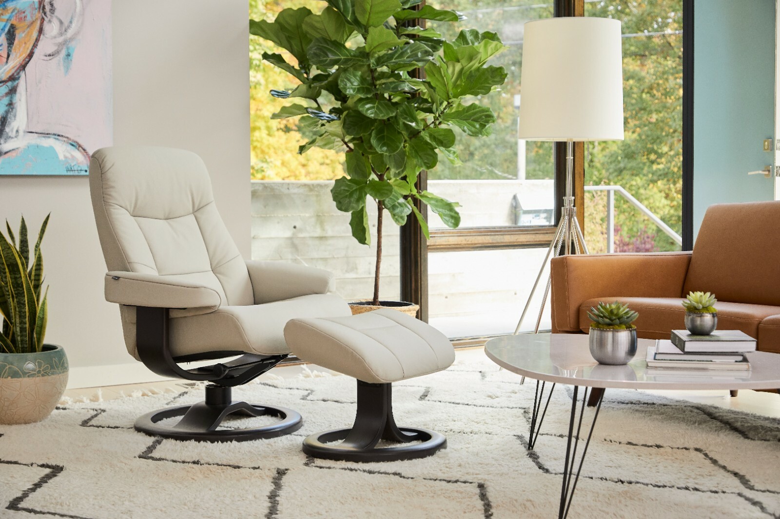 Fjords Muldal Large Recliner Chair + Ottoman – Blue Leather – Walnut Wood Stain