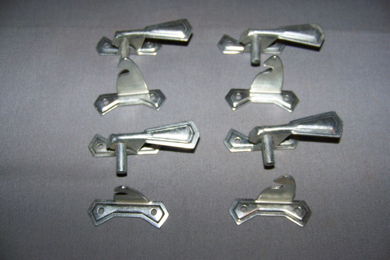 Four, Small, Tin, Cabinet Latches, With Their Offset Keepers – SEE DESCRIPTION