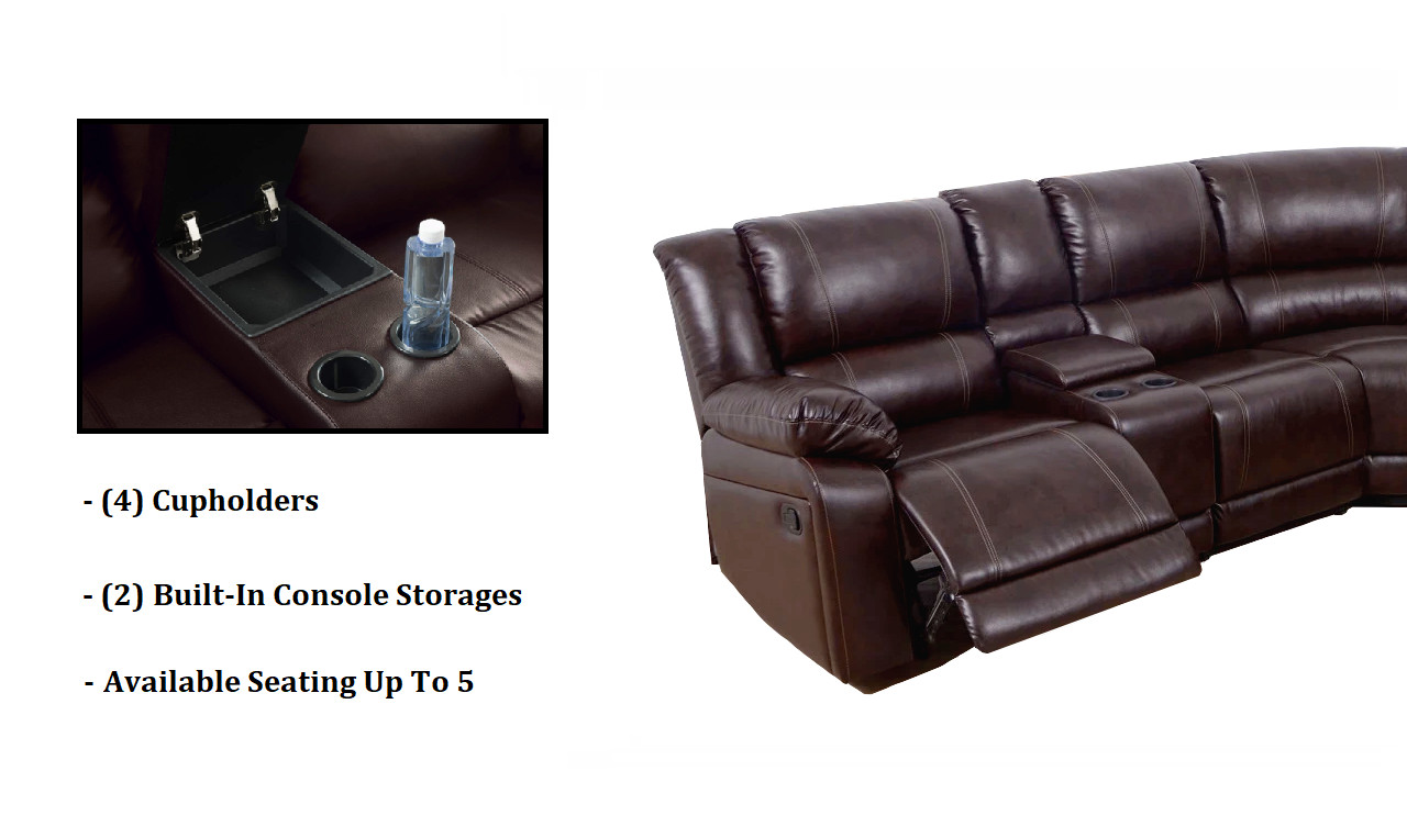 NEW Brown Leather 2-Seater Recliner Sectional w/ 4 Cupholder & 2 Console Storage