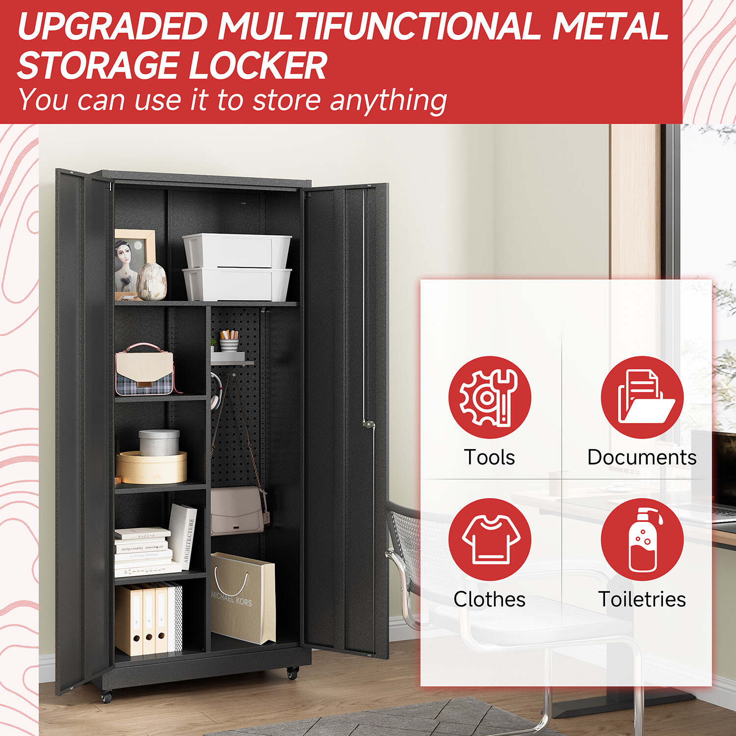 Metal Garage Cabinet, Broom Closet Storage Cabinet with Adjustable Shelves