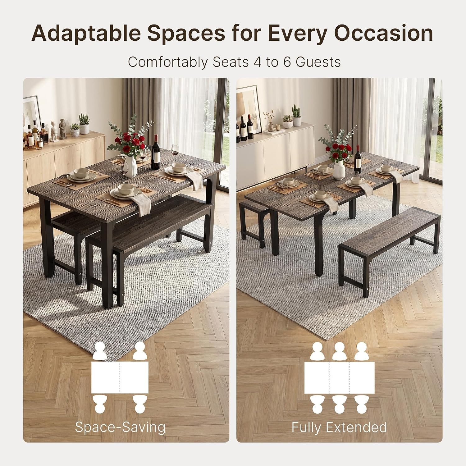 63“ Extendable Dining Table Set with 180° Smart-Flip Pivot, Grey | dining room