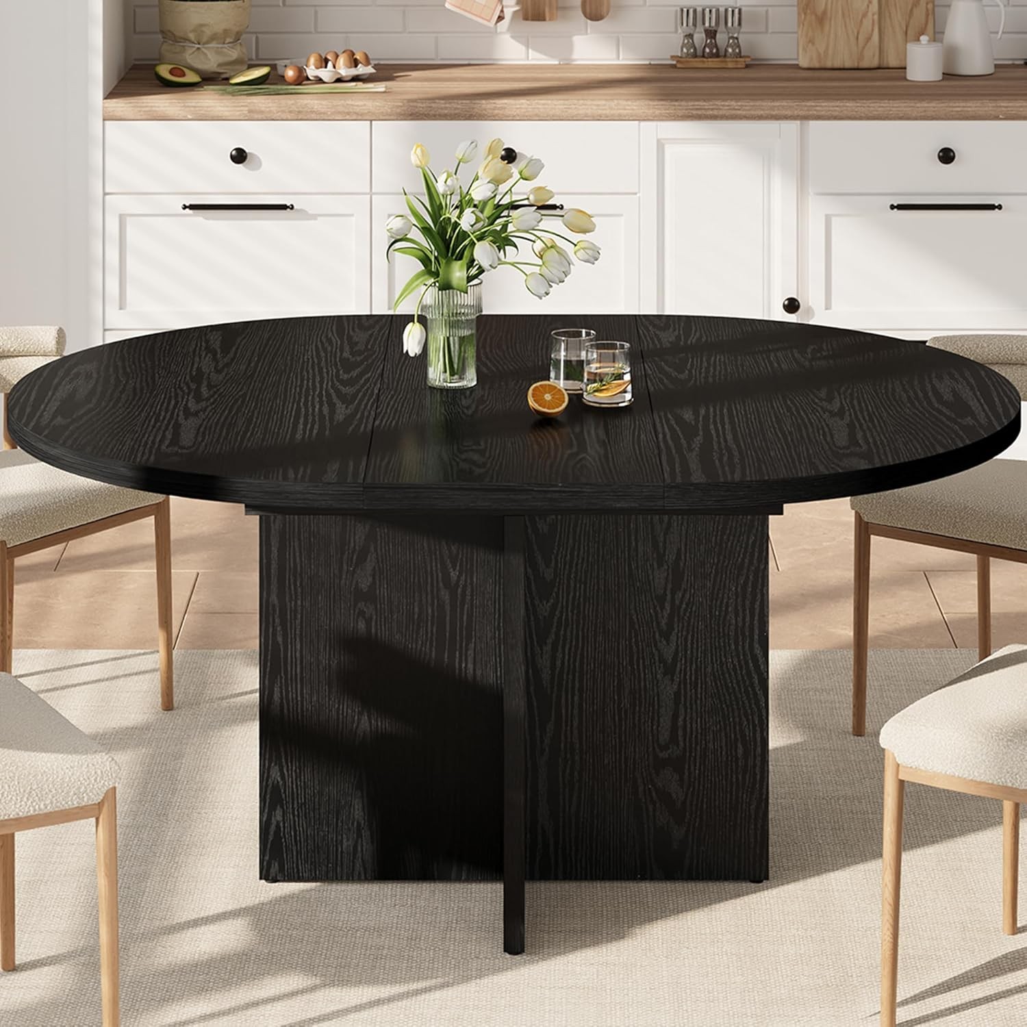 Extendable Multi-Use Round Dining Table (43.3″-59″), Fits 4-8 People for Kitchen