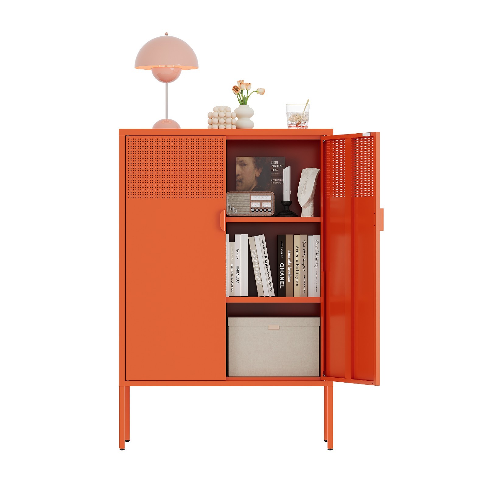 Orange Metal Storage Cabinet,2 Door TV Stand, Metal Mesh Accent Cabinet