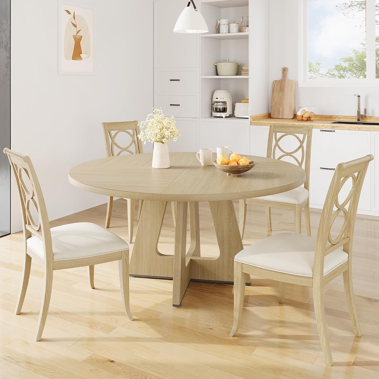 47″ Round Dining Table Set for 4 to 6, Farmhouse Kitchen Table with Wooden and