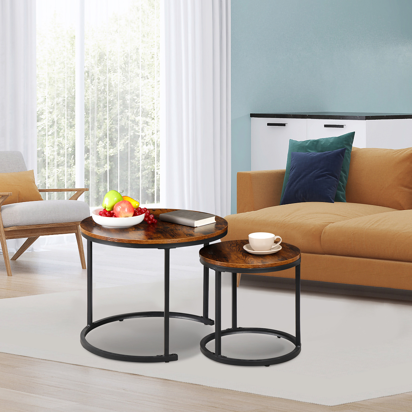 Set of 2 Nesting Coffee Table Round Side Table Industrial Style Home Office