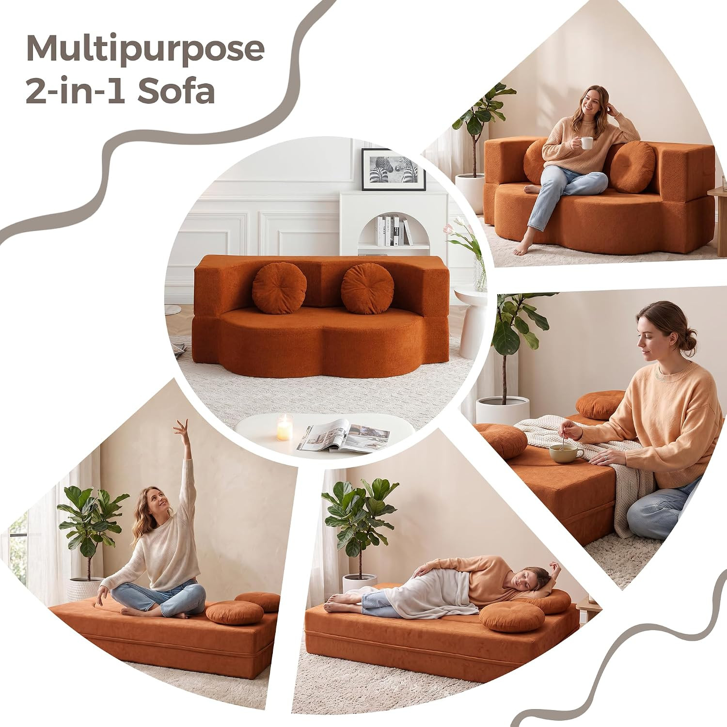 75.5″ Orange Futon Sofa Bed with Pillows – No Assembly, Convertible Loveseat
