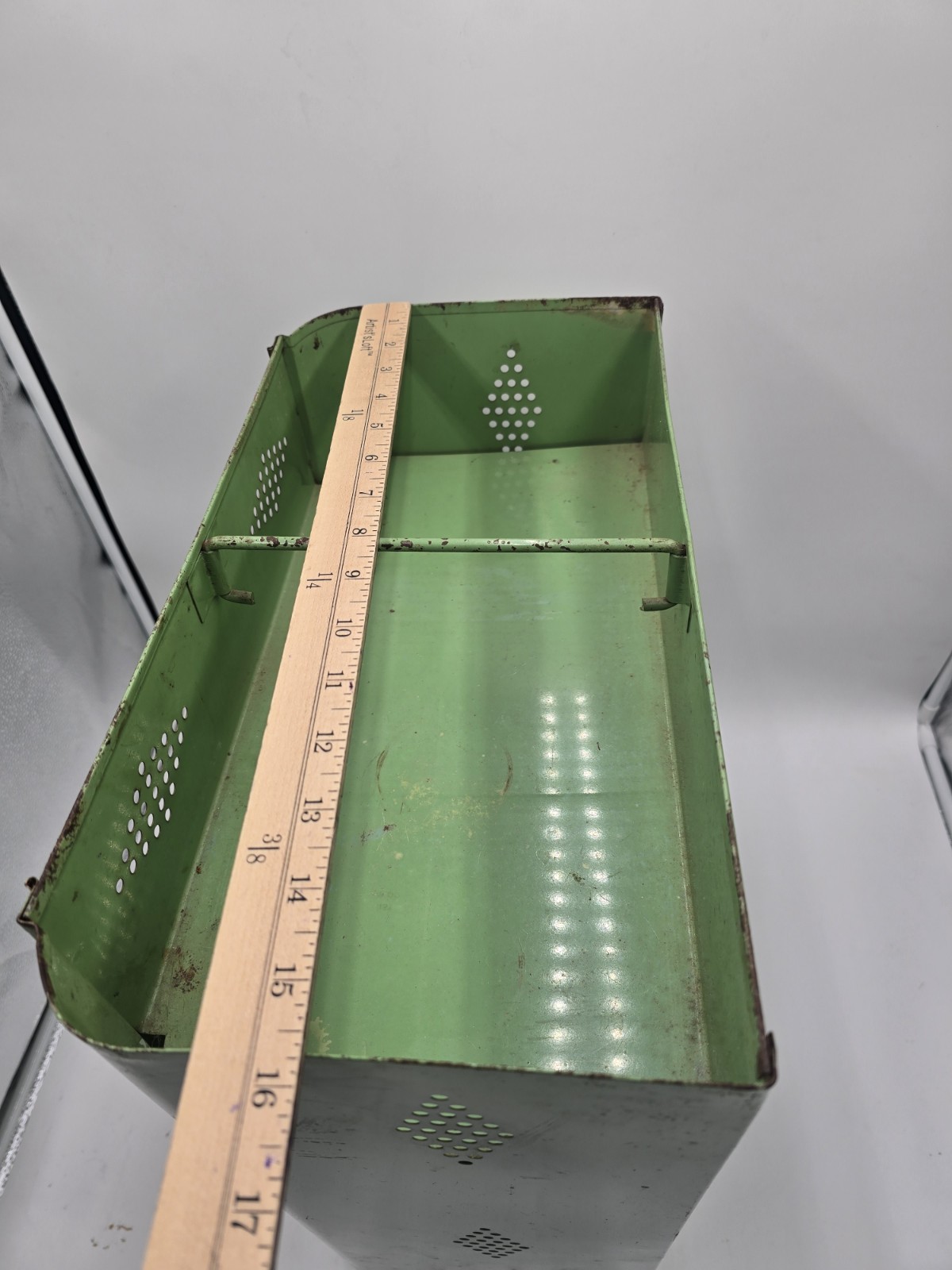 Vintage Green Ransburg Metal Shelf Hand Painted USA Rustic Farmhouse Cottage