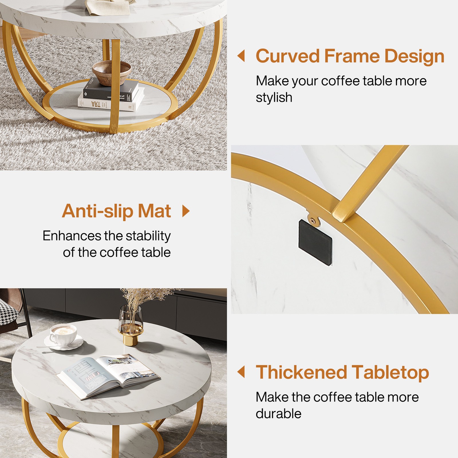 Modern Round Coffee Table, 2 Tier Circle Center Tea Table with Faux White Marble