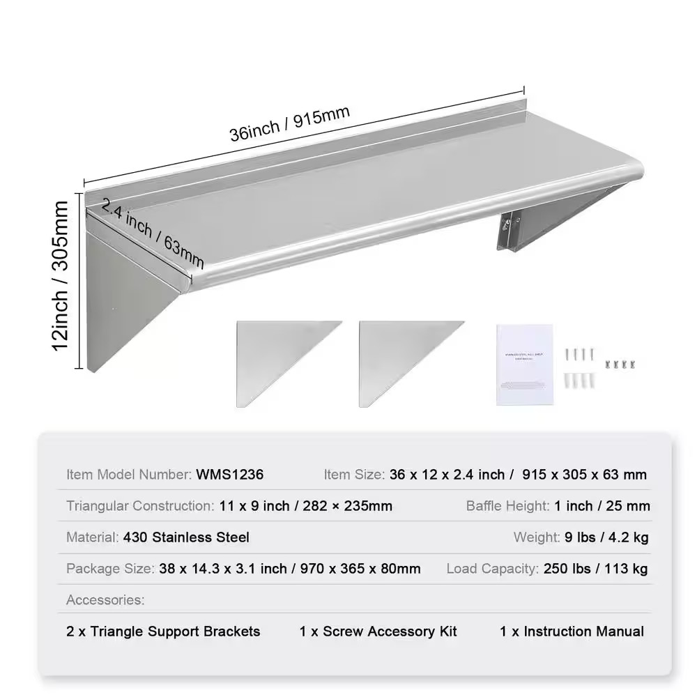 12 In. X 36 In. Stainless Steel Wall Mounted Shelf, Floating Shelving with Brack