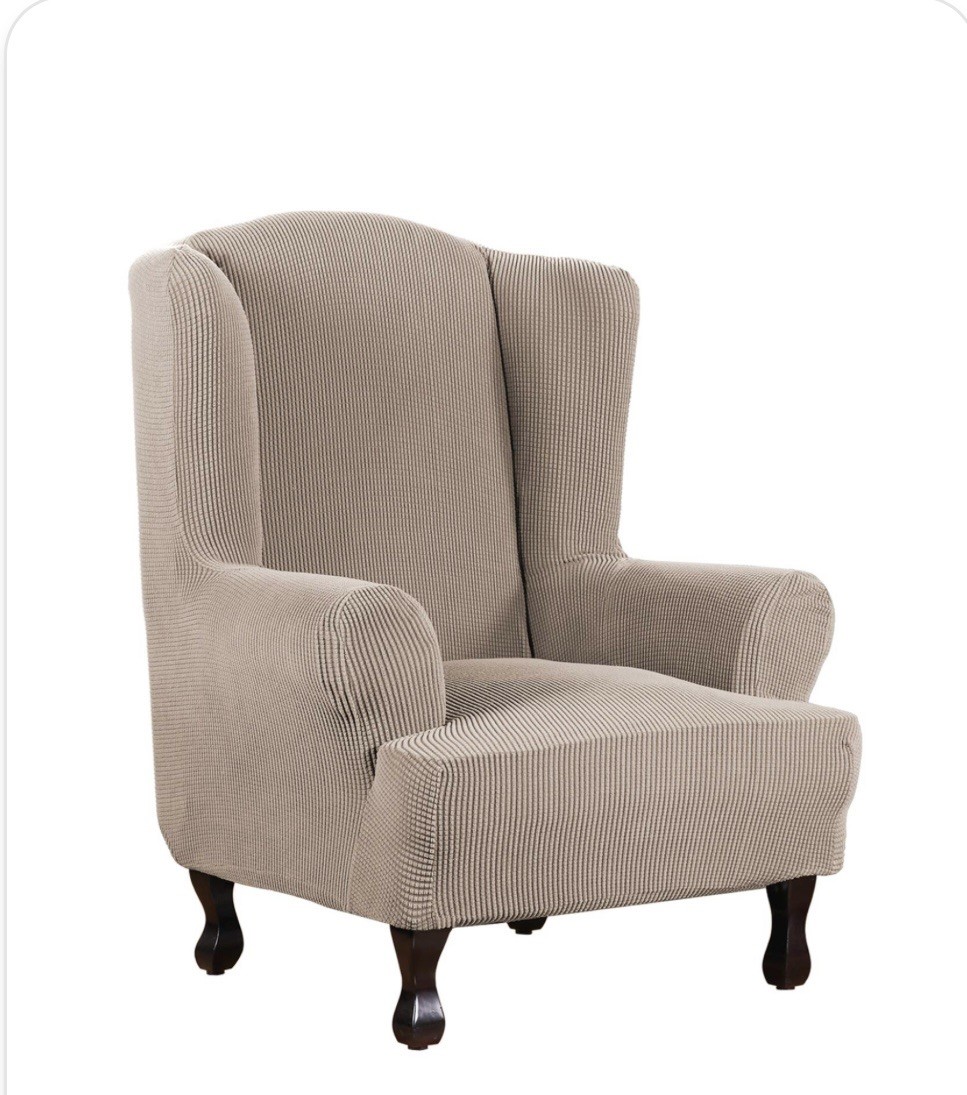 H. Versailtex Wingback Chair Slipcover. 1 Piece Spandex . Checked Pattern. Sand