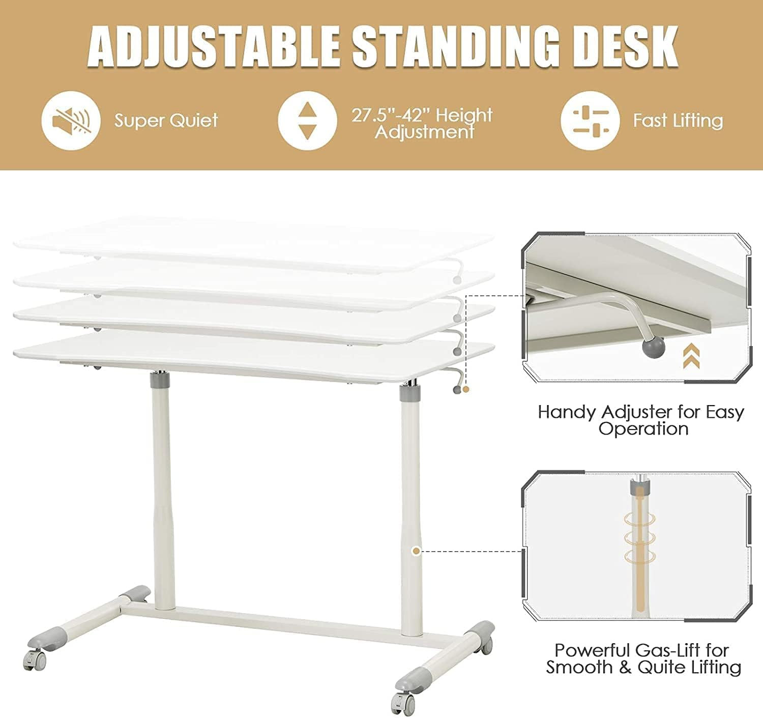 Rolling Sit-Stand Desk, Height Adjustable Standing Desk W/4 Wheels, Ergonomic Al