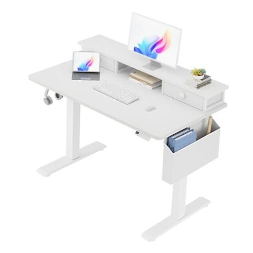 White Electric Standing Desk with Drawers – 40 Inch Small Standing Desk with