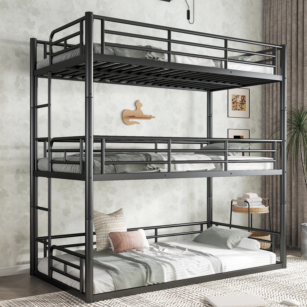 Twin over Twin over Twin Bunk Bed, Metal Triple Bunk Bed with Safety Guardrails
