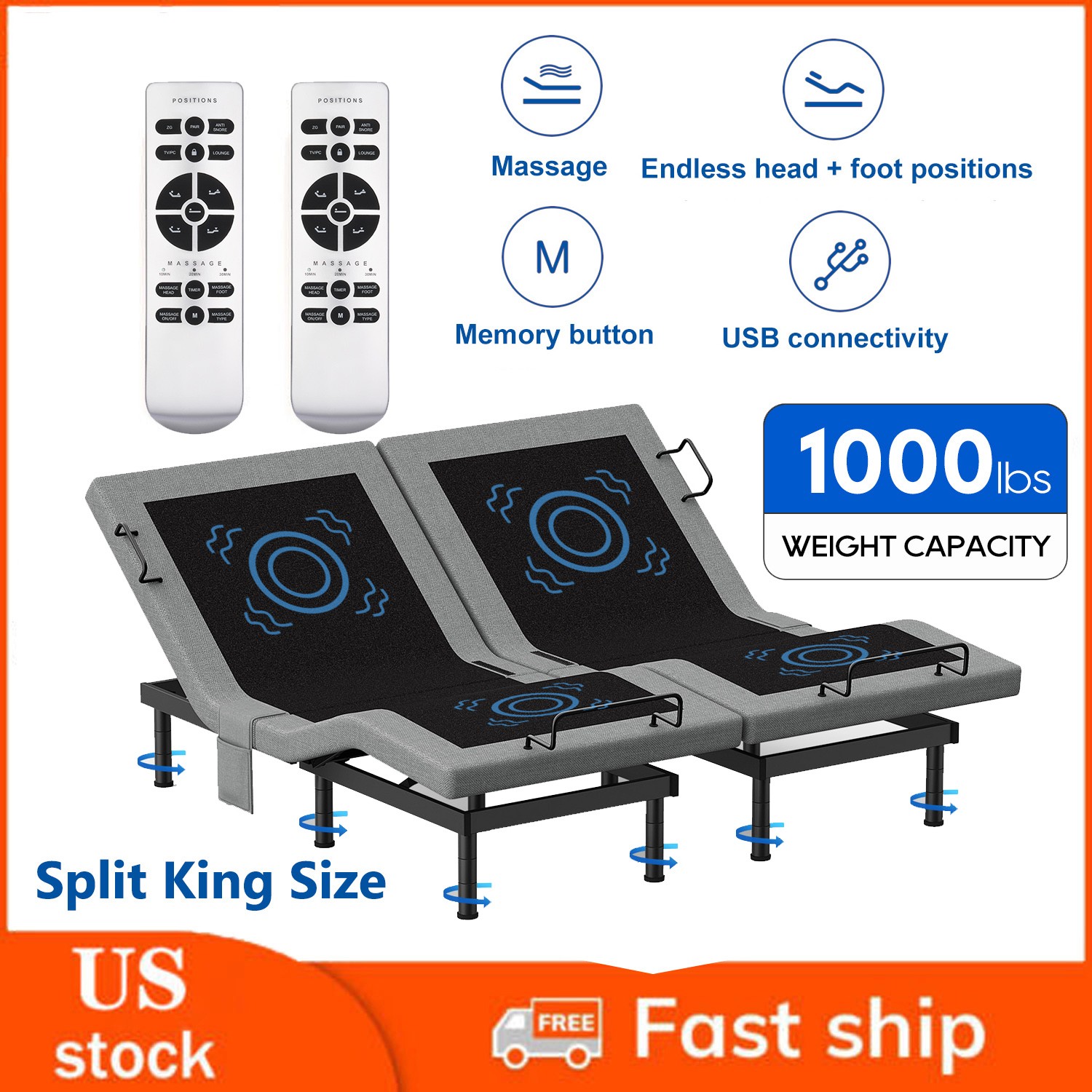 Upgraded Electric Adjustable Bed Frame Base With Massage Backlit Remote 1000LBS