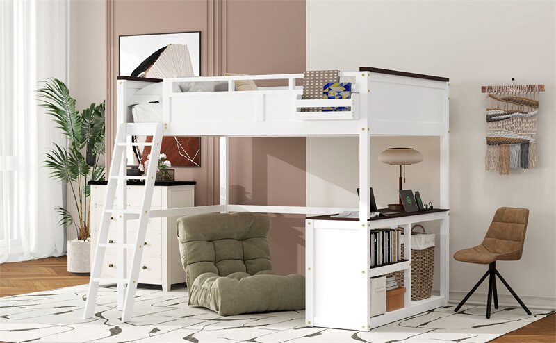 Queen Size Loft Bed with Desk,Open Shelf and Storage Box,Charging Station,White