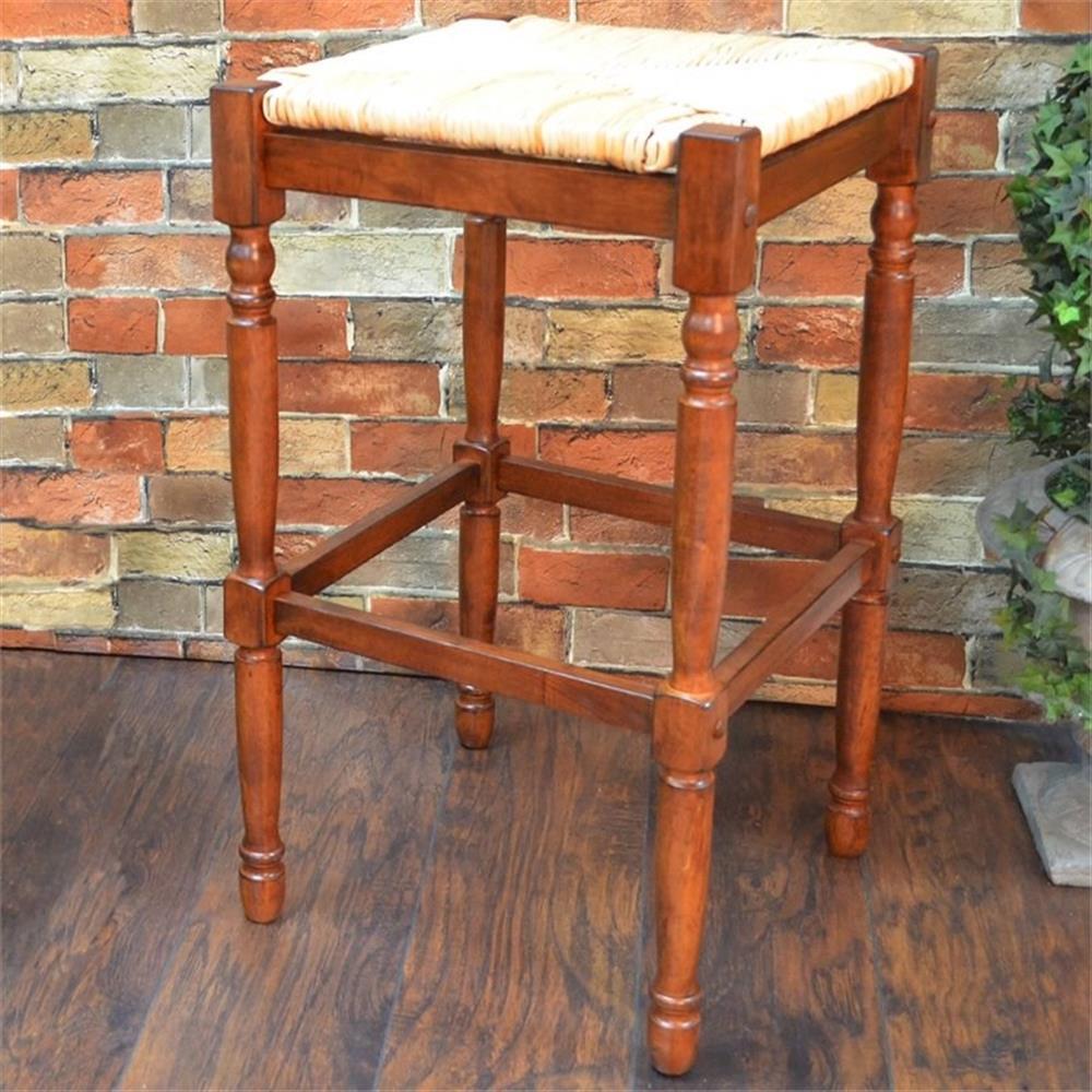 Pemberly Row 29.75″ Contemporary Wood Bar Stool with Woven Rush Seat in Chestnut