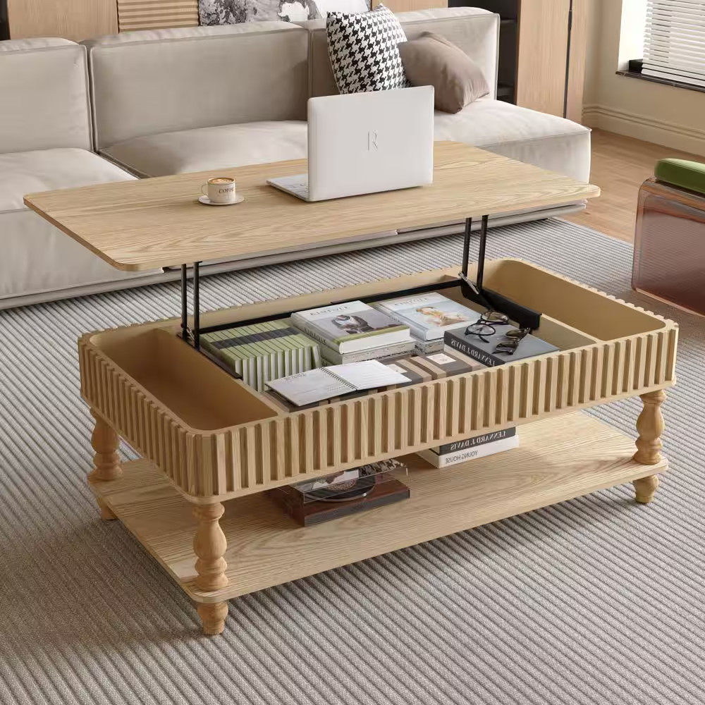 Babbitt 47.24 In. Natural Rectangle MDF and Solid Wood Coffee Table with Adjusta