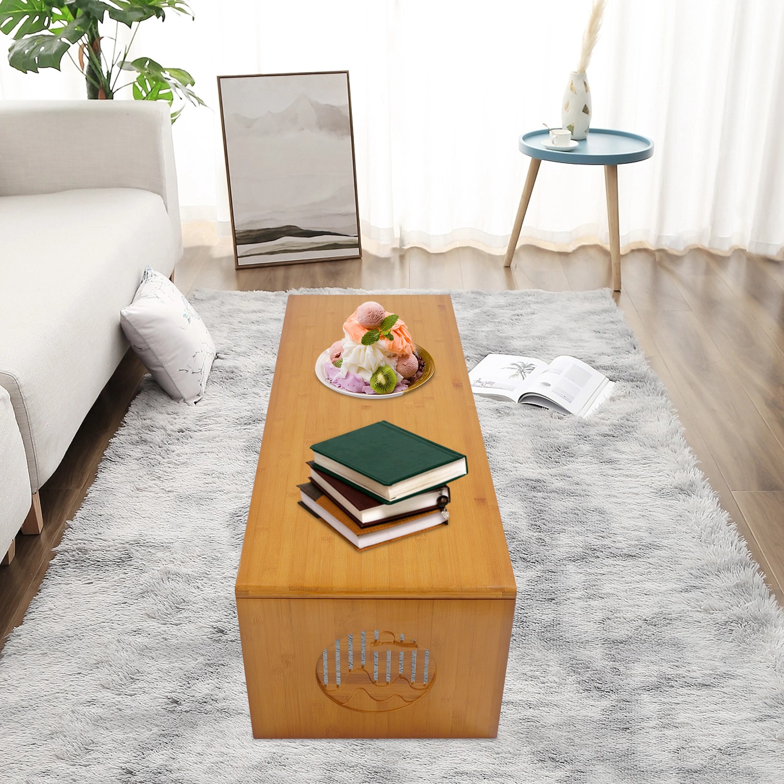 Tawny Foldable Bamboo Floor Table With Chinese Landscape Carving, No Assembly