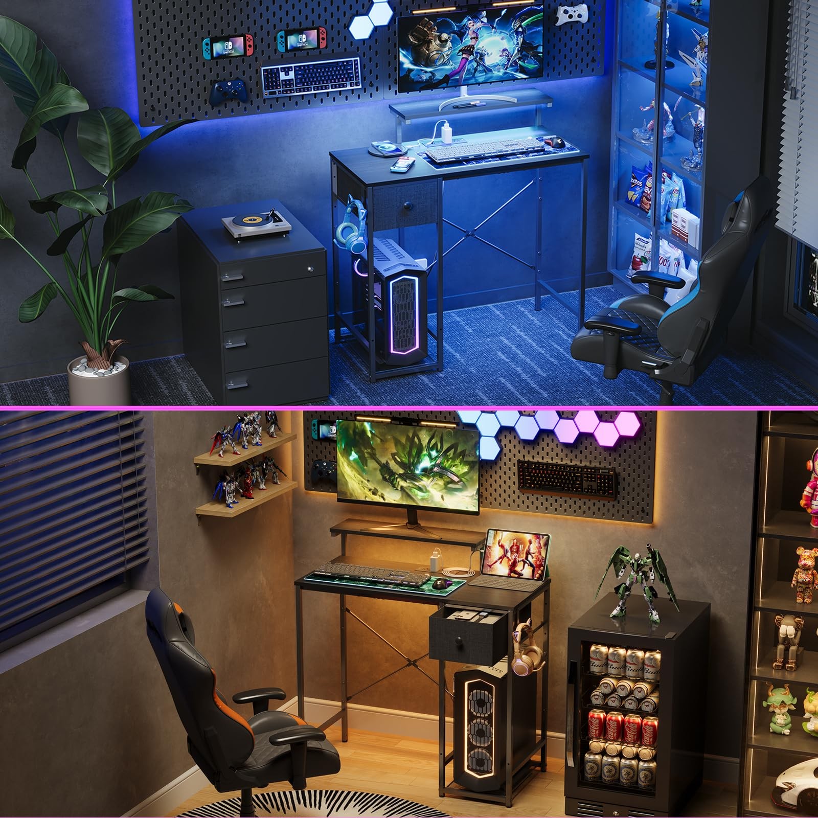 33.5″ Small Gaming Desk with LED Lights & Power Outlets, Compact Computer Desk