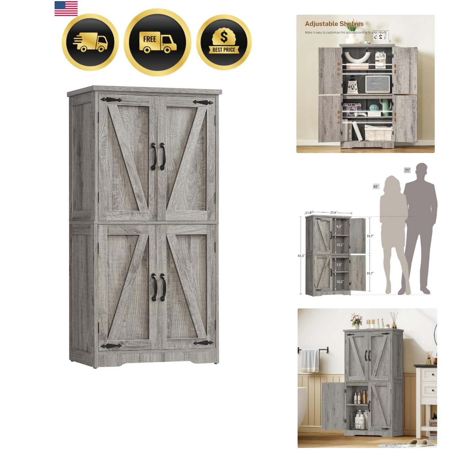 Farmhouse Storage Cabinet with 4 Doors Rustic Gray Bathroom Kitchen Living Room
