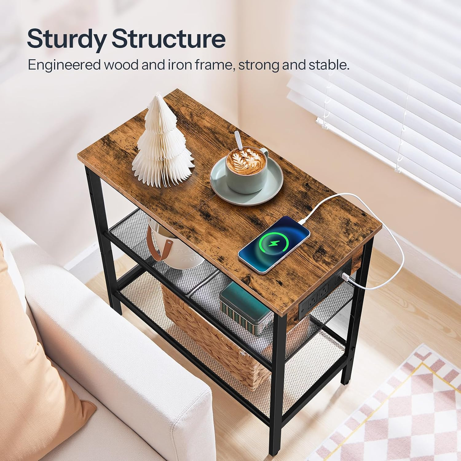 End Table, 3-Tier Narrow Side Table with Charging Station, Nightstand with 2 Fla
