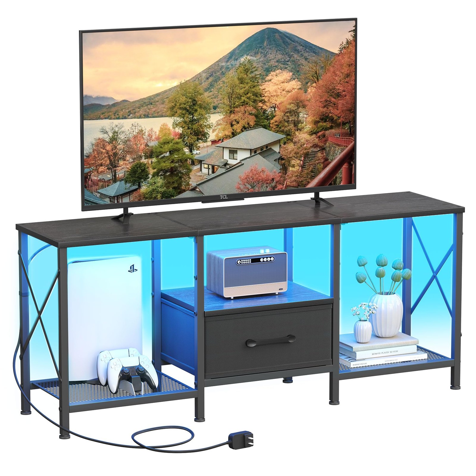 LED TV Stand with Fabric Drawer, Entertainment Center for 50 55 Inch TV, Indu…