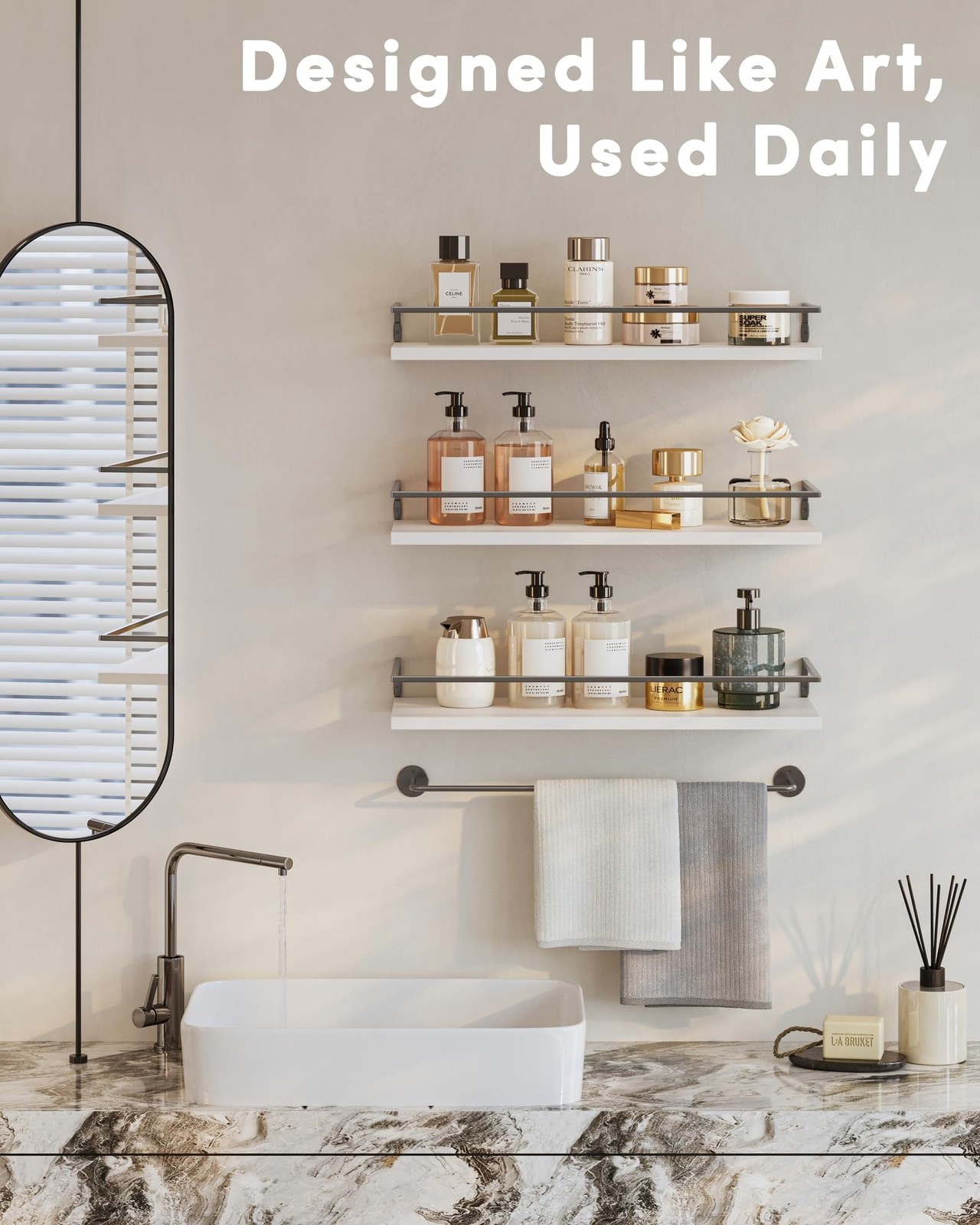 White Grey Wall Mounted Bathroom Floating Shelves Organizer 15.7 Inch 3 PCS