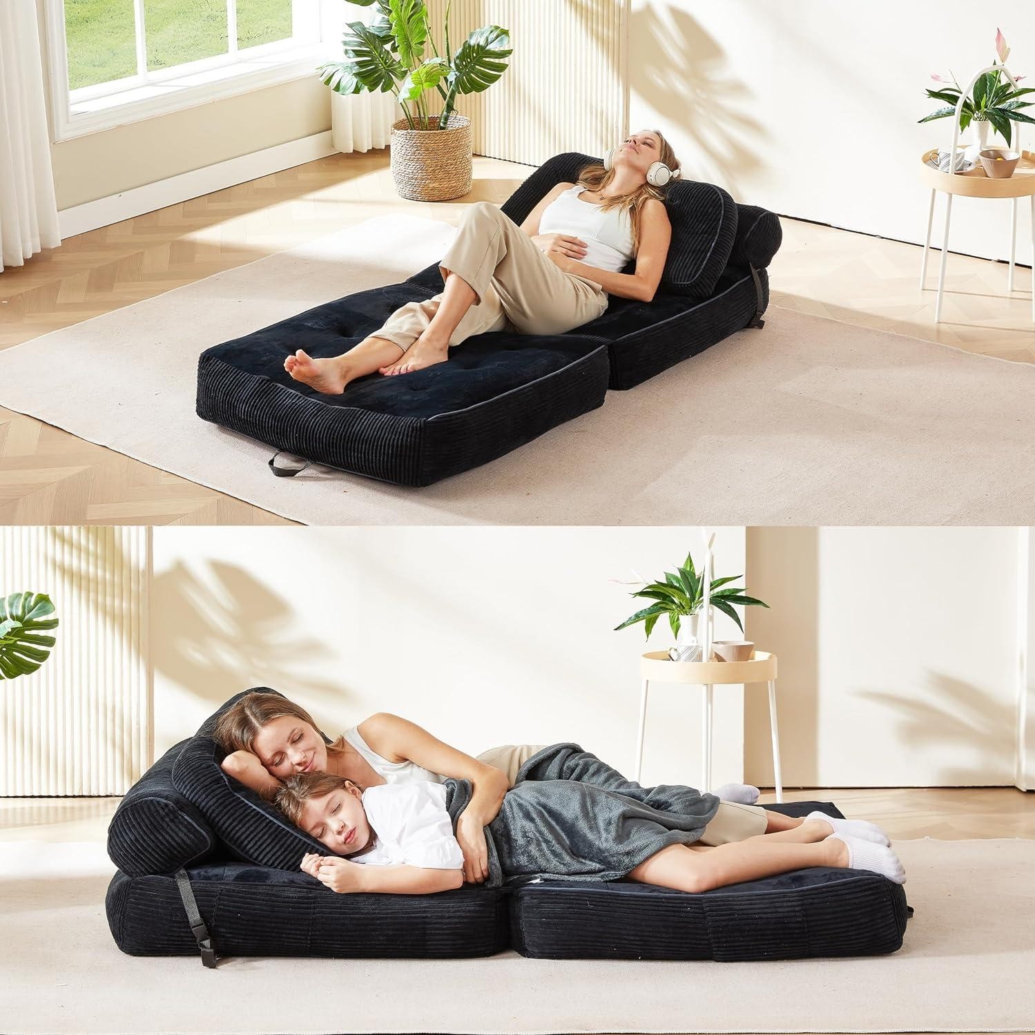 Folding Sofa Bed, Flannel Futon Couch Bed with Pillow and Blanket, Convertible
