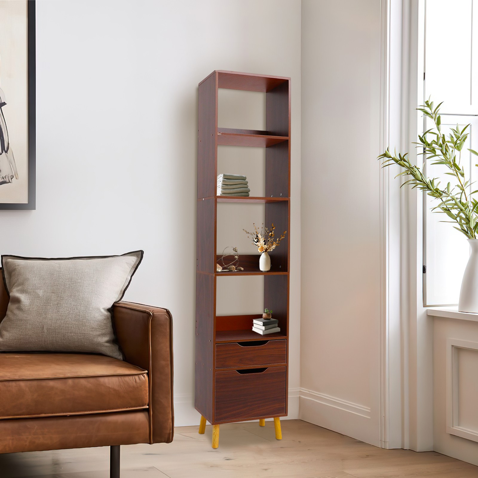 Walnut Standing Storage Shelf Freestanding Storage Rack Tall Open Bookshelf