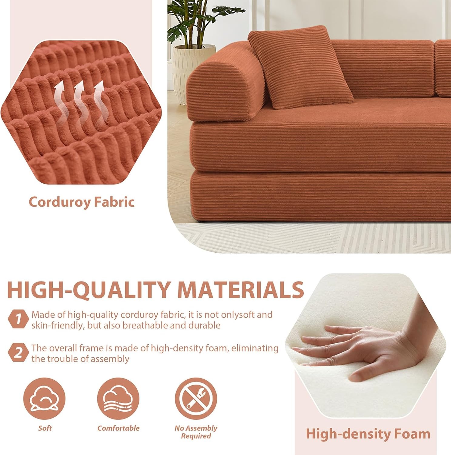 78″Convertible Sleeper Sofa Bed Corduroy Folding Mattress Couch with Fixed Frame