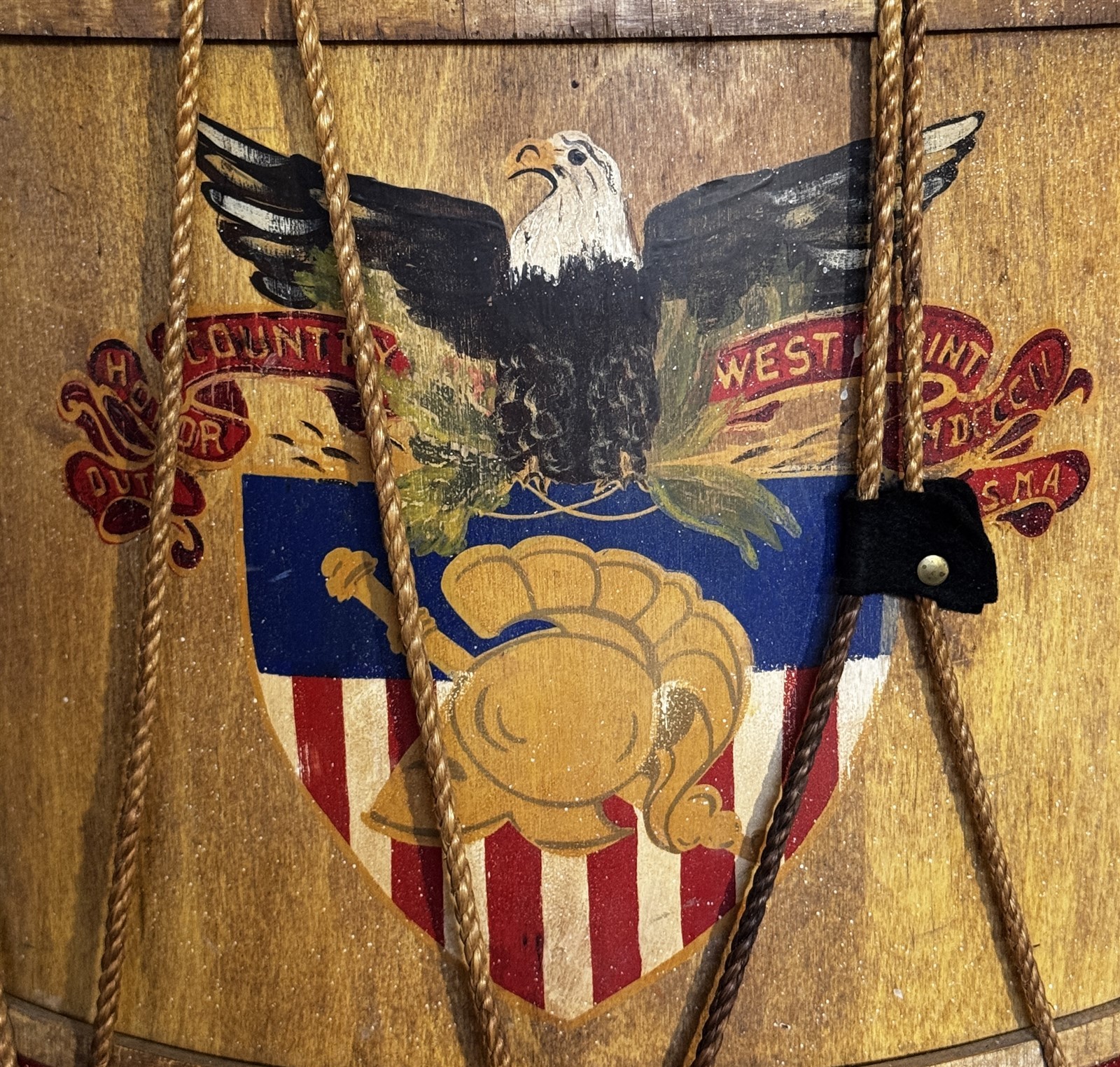 Vintage Patriotic Drum Table West Point Eagle Shield Colonial Revival 17.5”