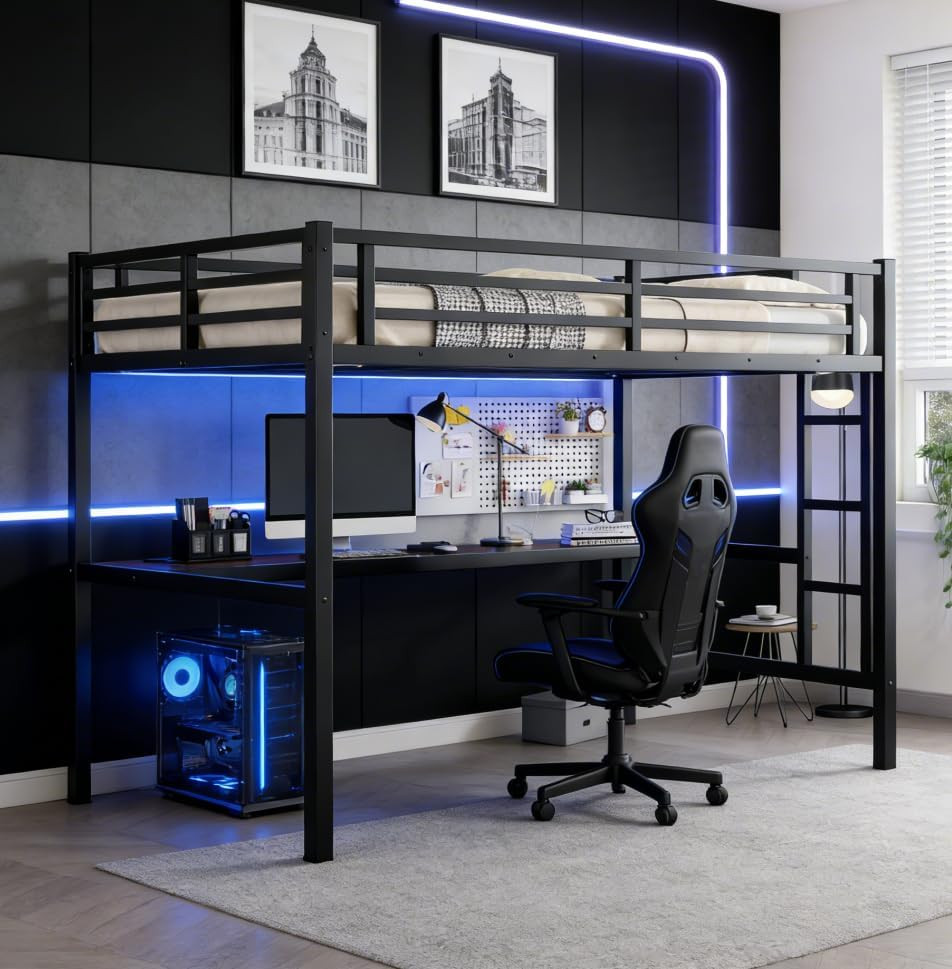 Stylish Black Queen Loft Bed with Desk, LED, Guardrail & Ladder for All Ages