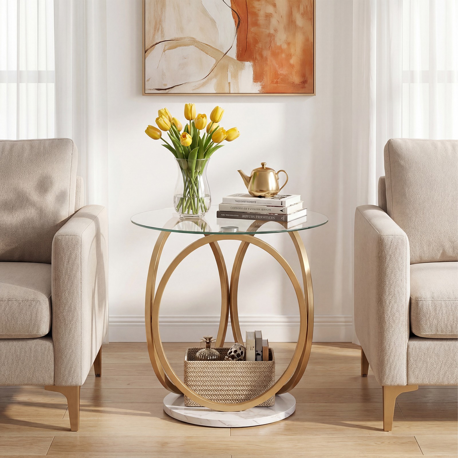 Round End Table Faux Marble Side Table w/Tempered Glass Tabletop & Metal Frame