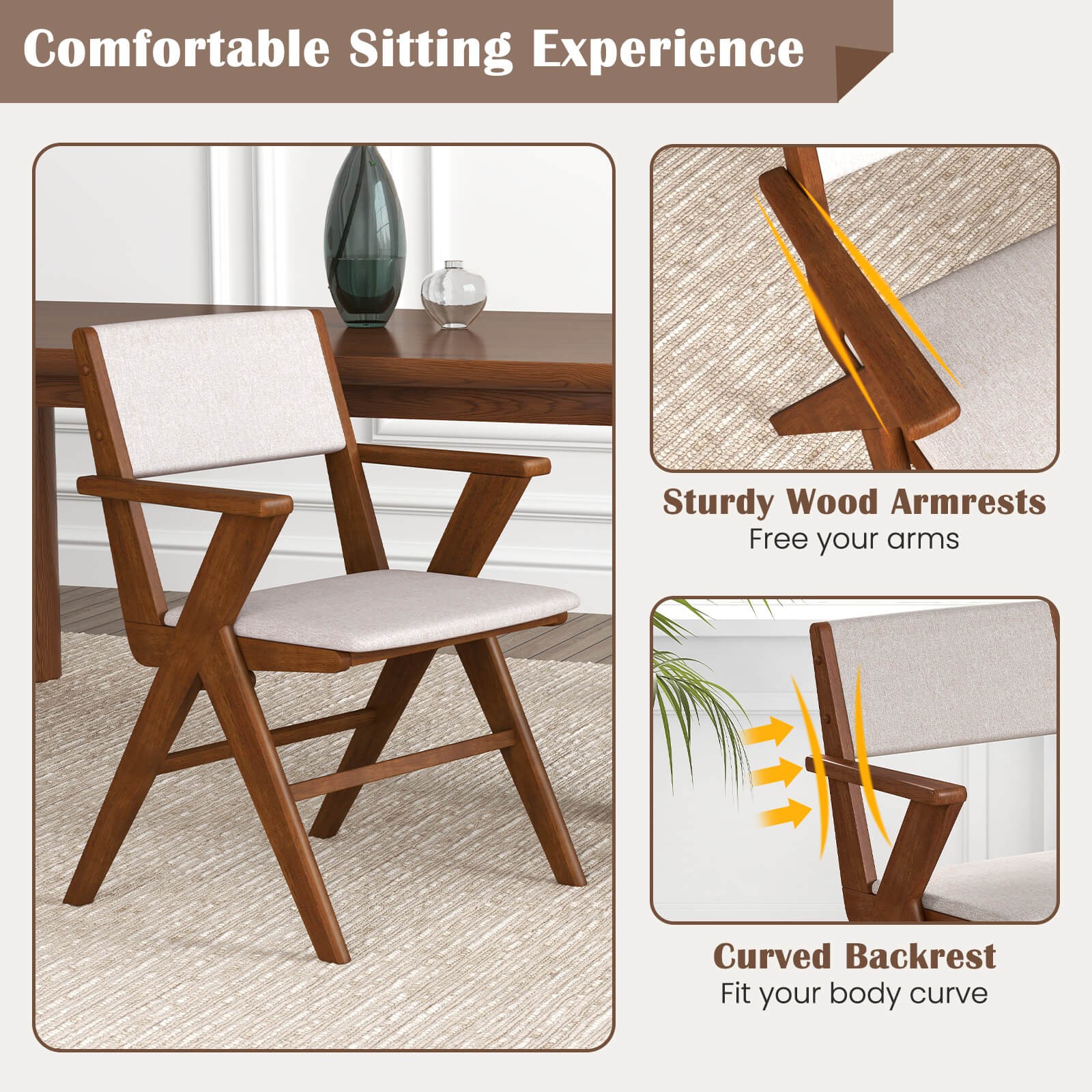 Wooden Dining Chair Set of 2 w/ Rubber Wood Frame Padded Seat & Back Armrests