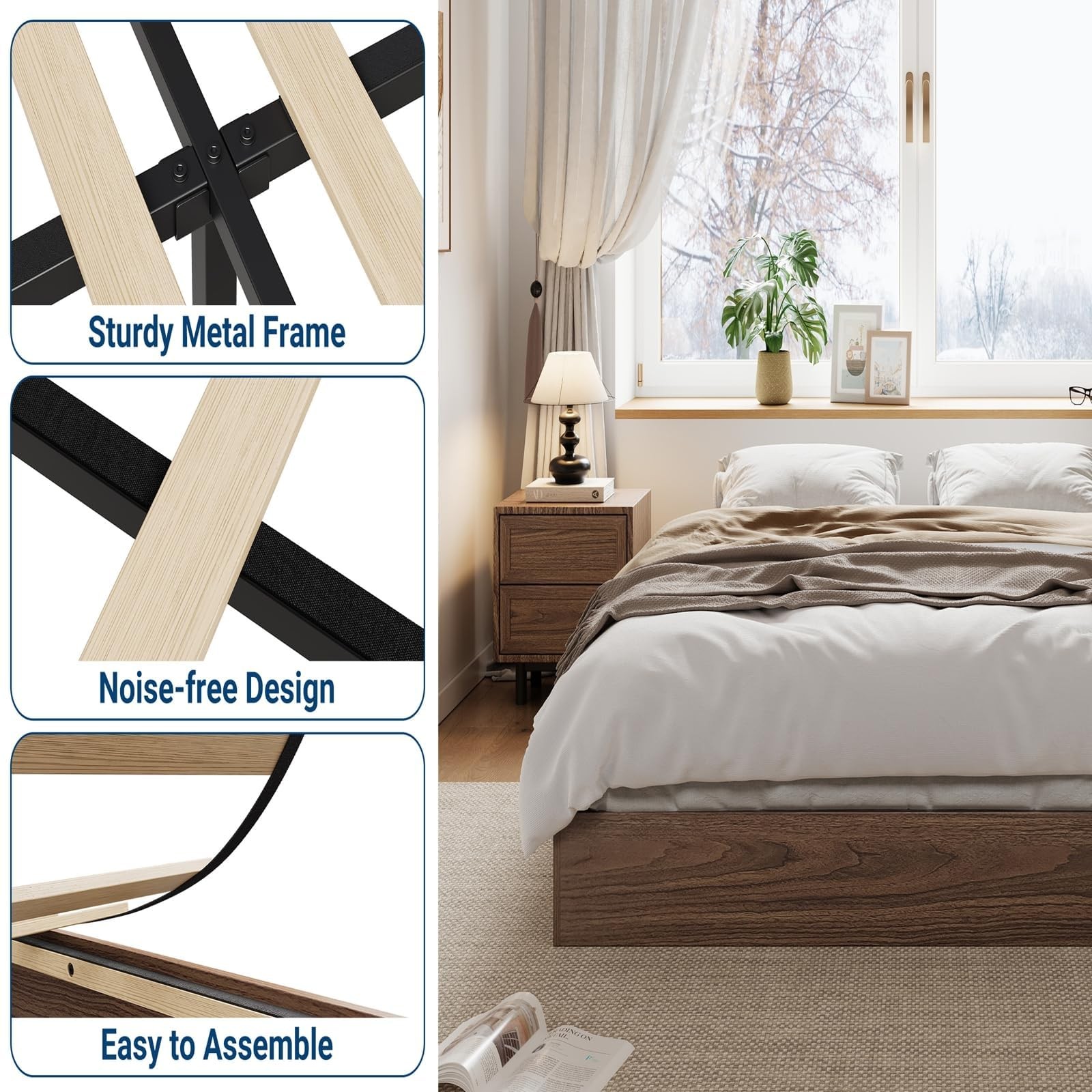 Walnut Queen Size Wood Platform Bed Frame No Headboard Wood Slats Easy Assembly