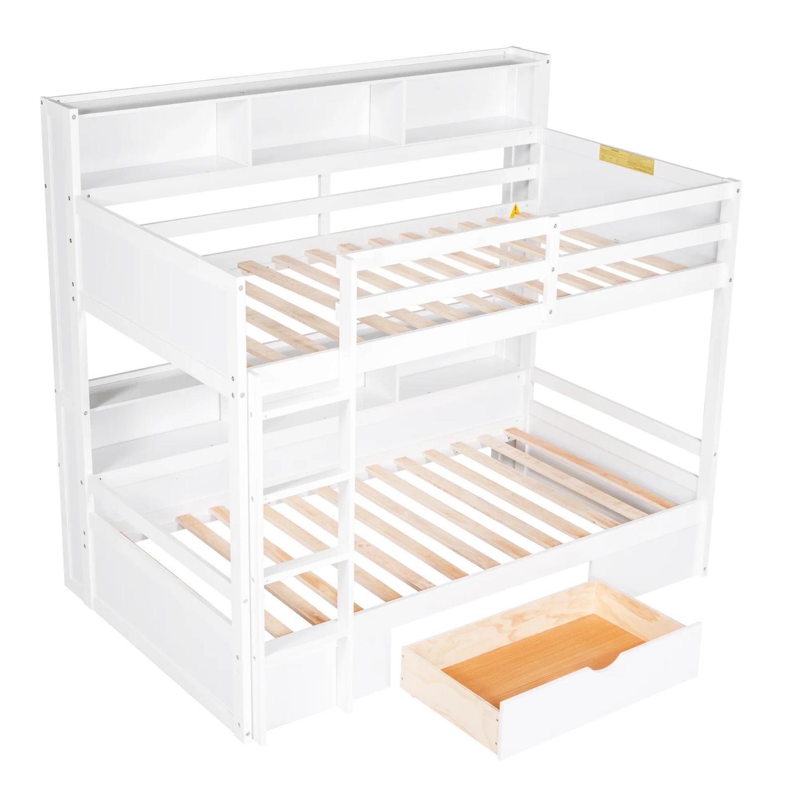 Modern Solid Wood Twin Over Twin Bunk Bed W/ Shelves Drawer Kids Teens Bedroom