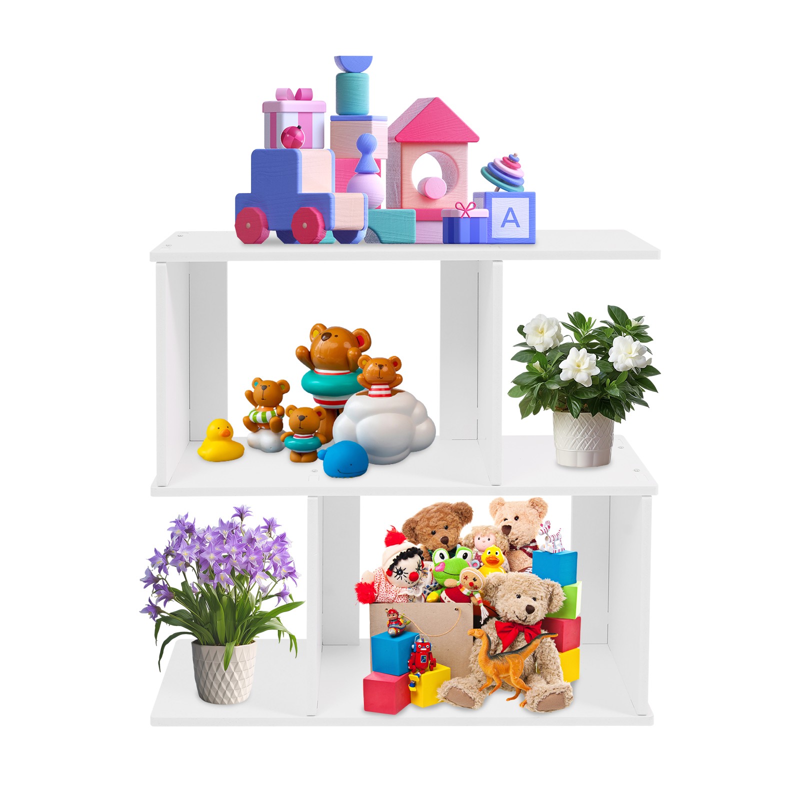 2 Tier Geometric Bookshelf, Freestanding Display Shelf, Z Shaped Open Bookcase
