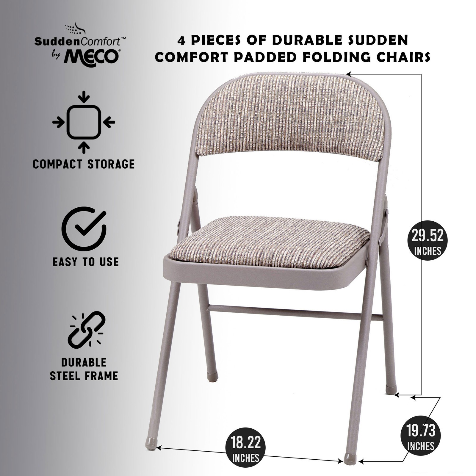MECO Sudden Comfort Deluxe Metal Fabric Padded Folding Chair Set, Gray (12 Pack)