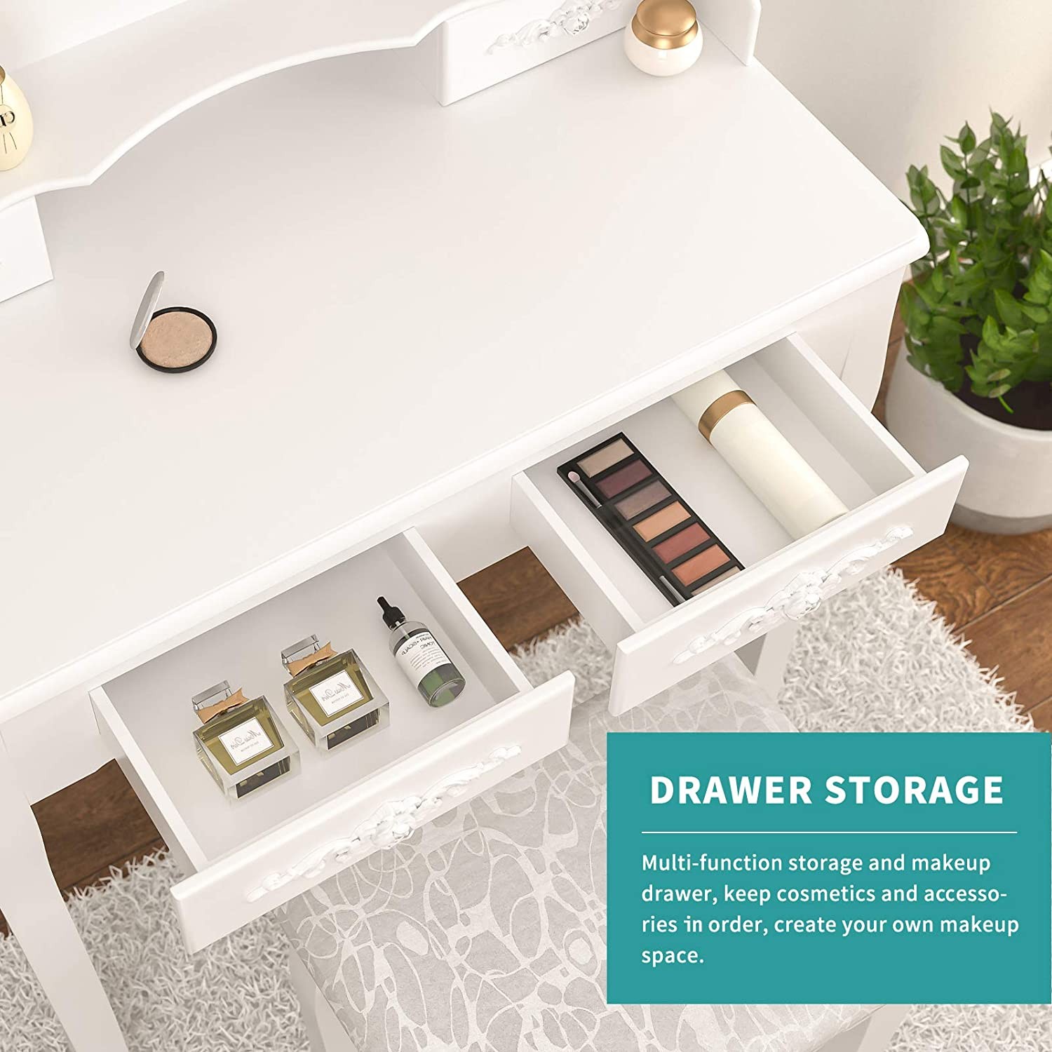 Makeup Vanity Table Set W/ 4 Drawers Oval Mirror Girls Dressing Table White