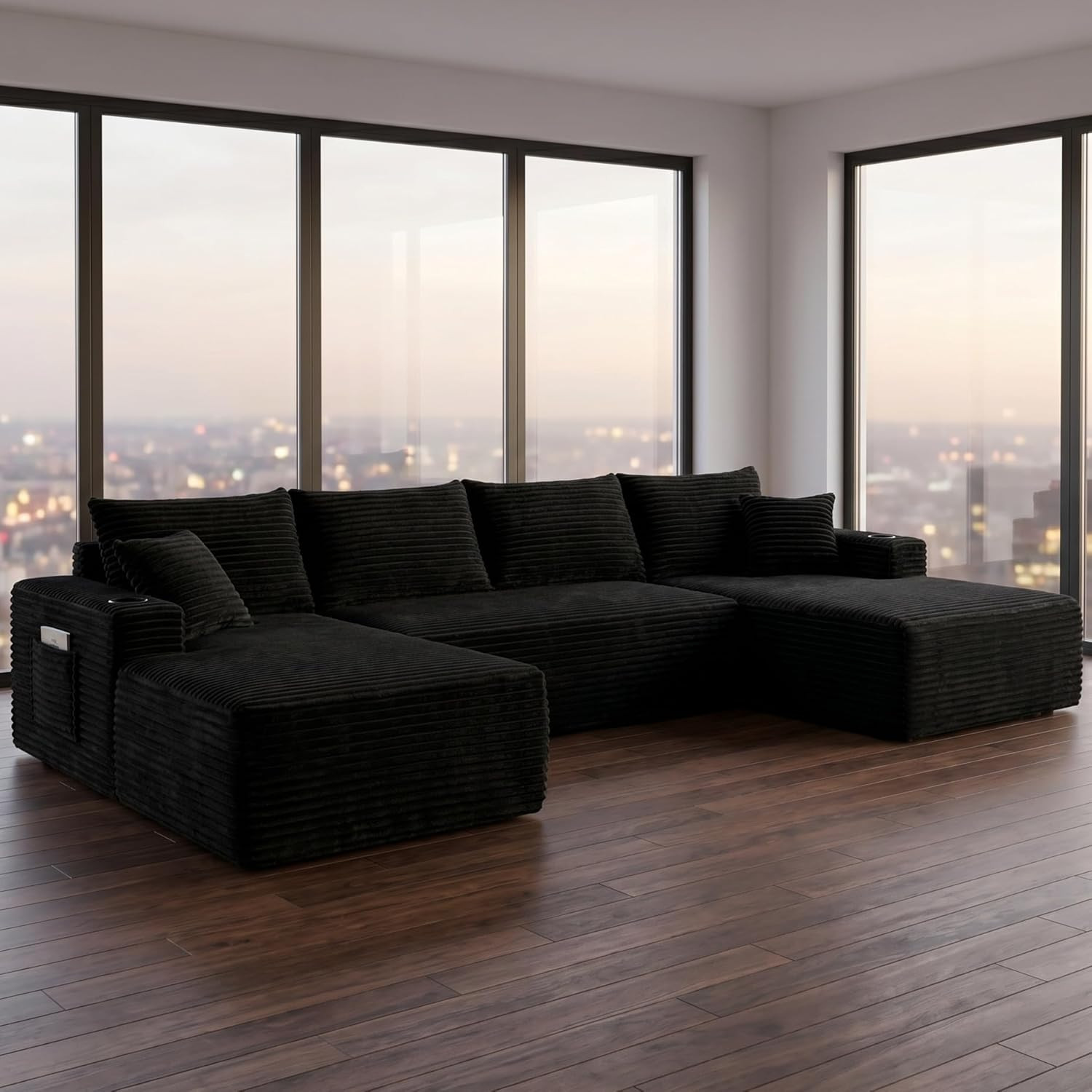 134″ U-Shaped Modular Sofa with Cup Holders & Pockets – No Assembly, Black