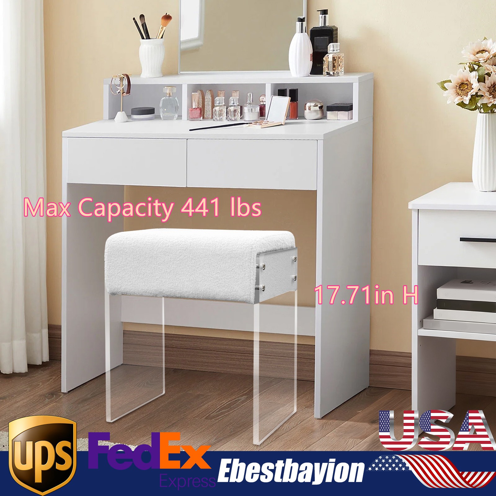 Makeup Stool Modern Minimalist Multi-functional Vanity Acrylic Chair w/ Cushion