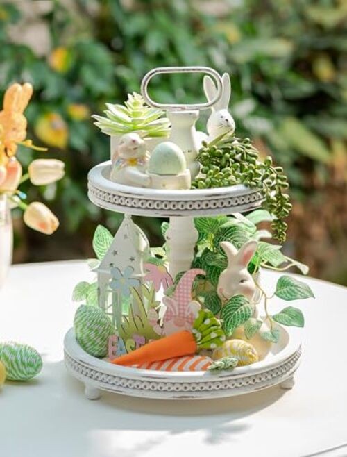 Two Tiered Tray Stand: Boho Spring 2 Tier Decorative Trays – White Washed