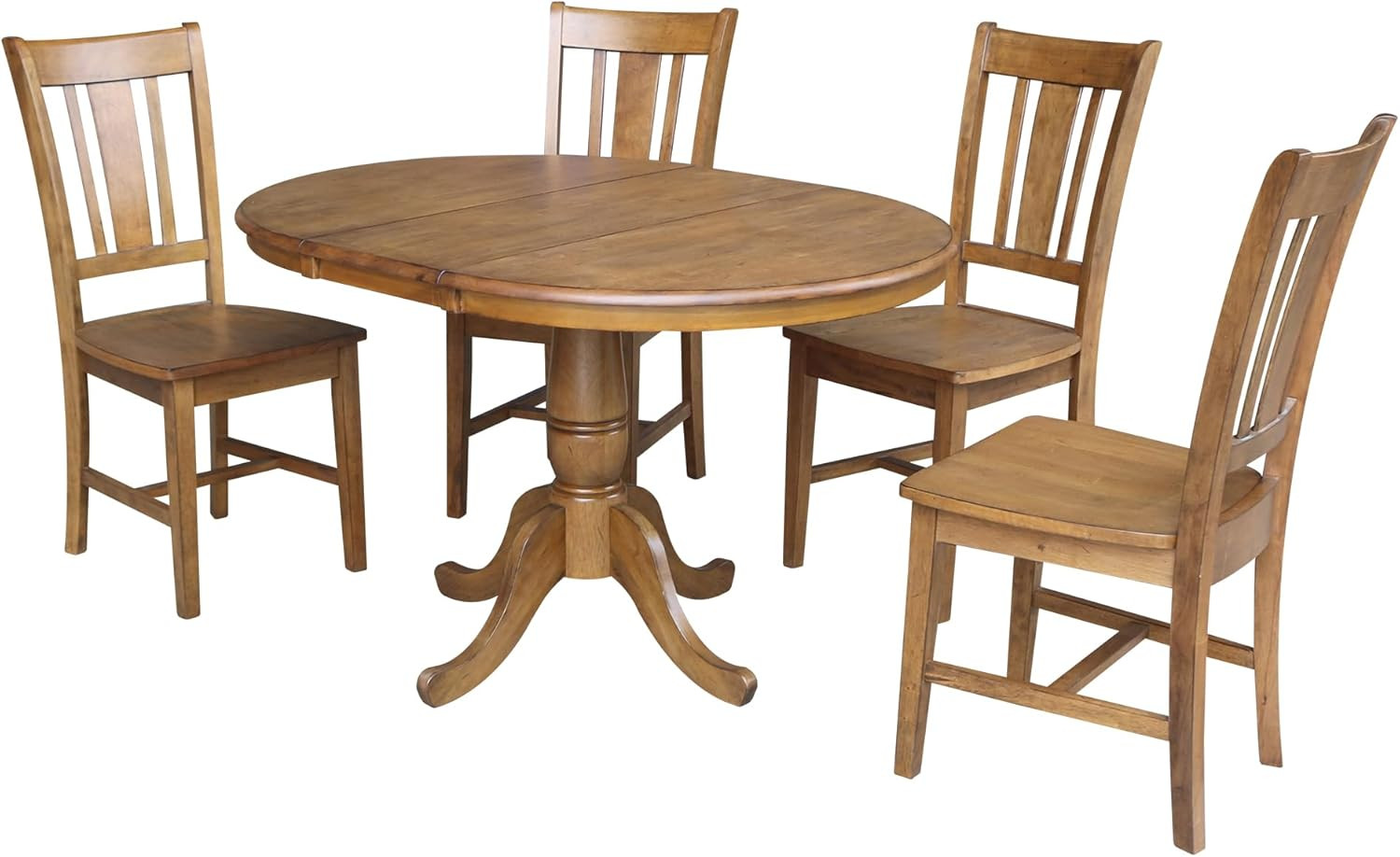 36″ Round Pecan Dining Table with Leaf – Elegant Pedestal Design, 28.9″ Height