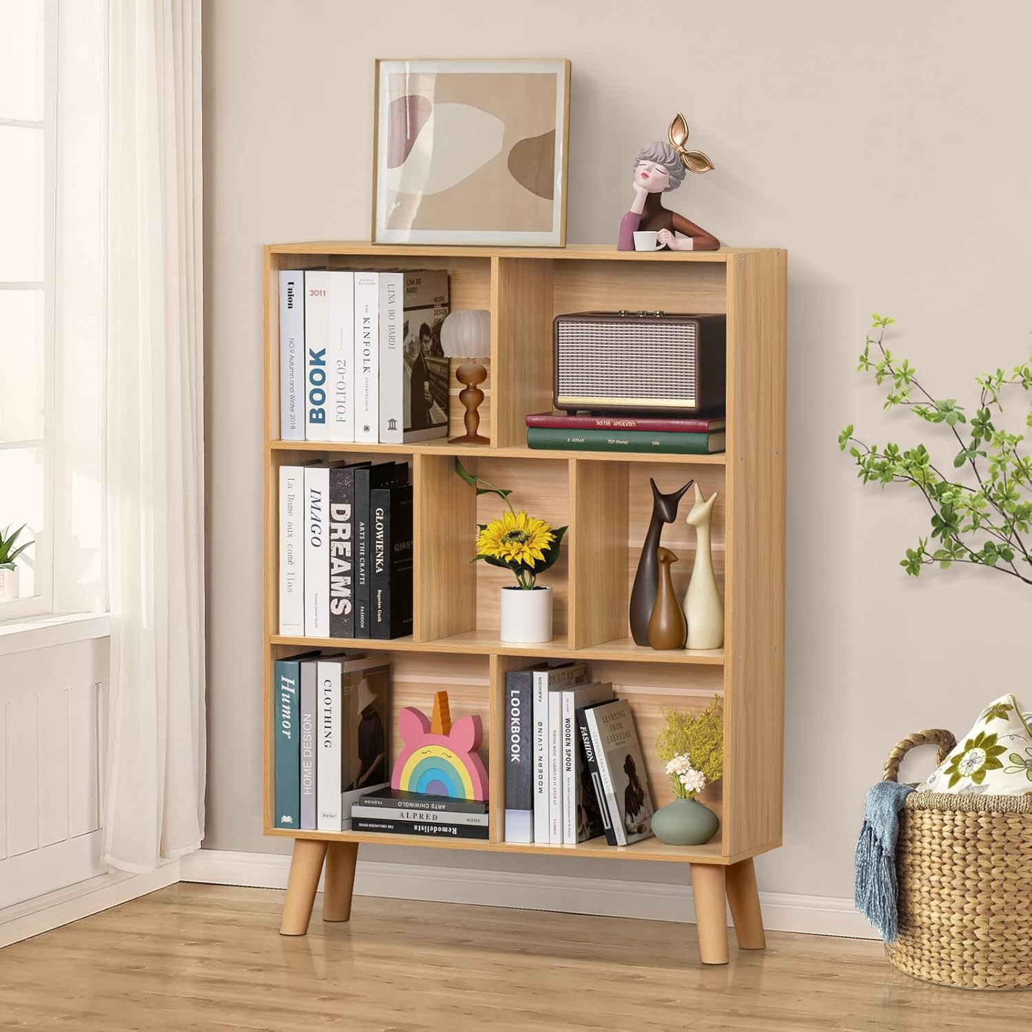 Wooden 7 Cube Book Shelf, Natural 3 Tier Bookshelf with Legs, Modern Open Storag