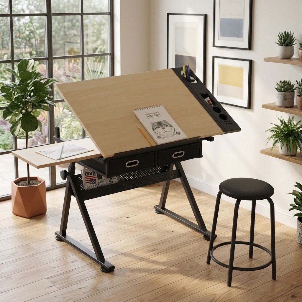 Drawing Drafting Table with Stool, Adjustable Art Desk with 2 Drawers Maple Wood