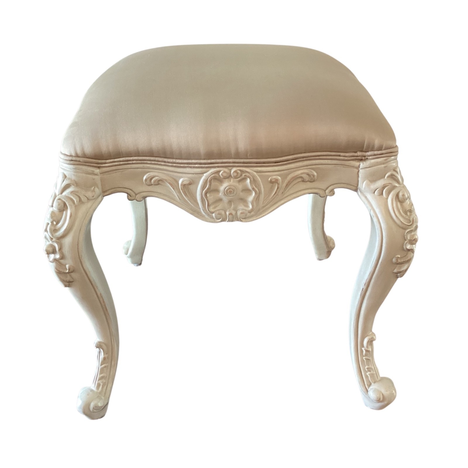 Frontgate Bench Antique White Silk Champagne Upholstered Vanity Stool Vienne