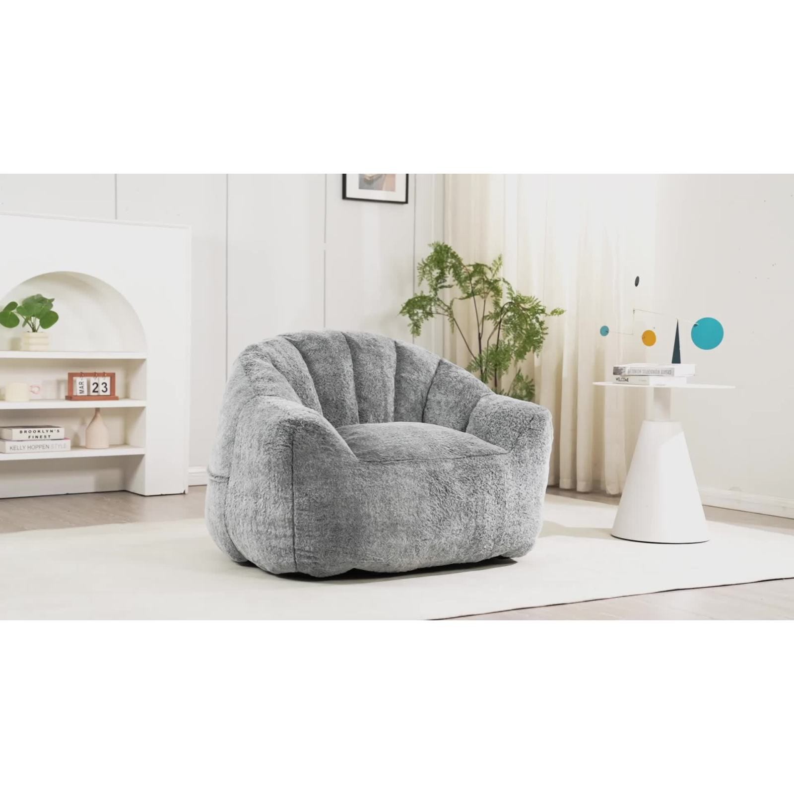 Giant Bean Bag Sofa Chair with Armrests, High-Density Foam, Gray Faux Fur