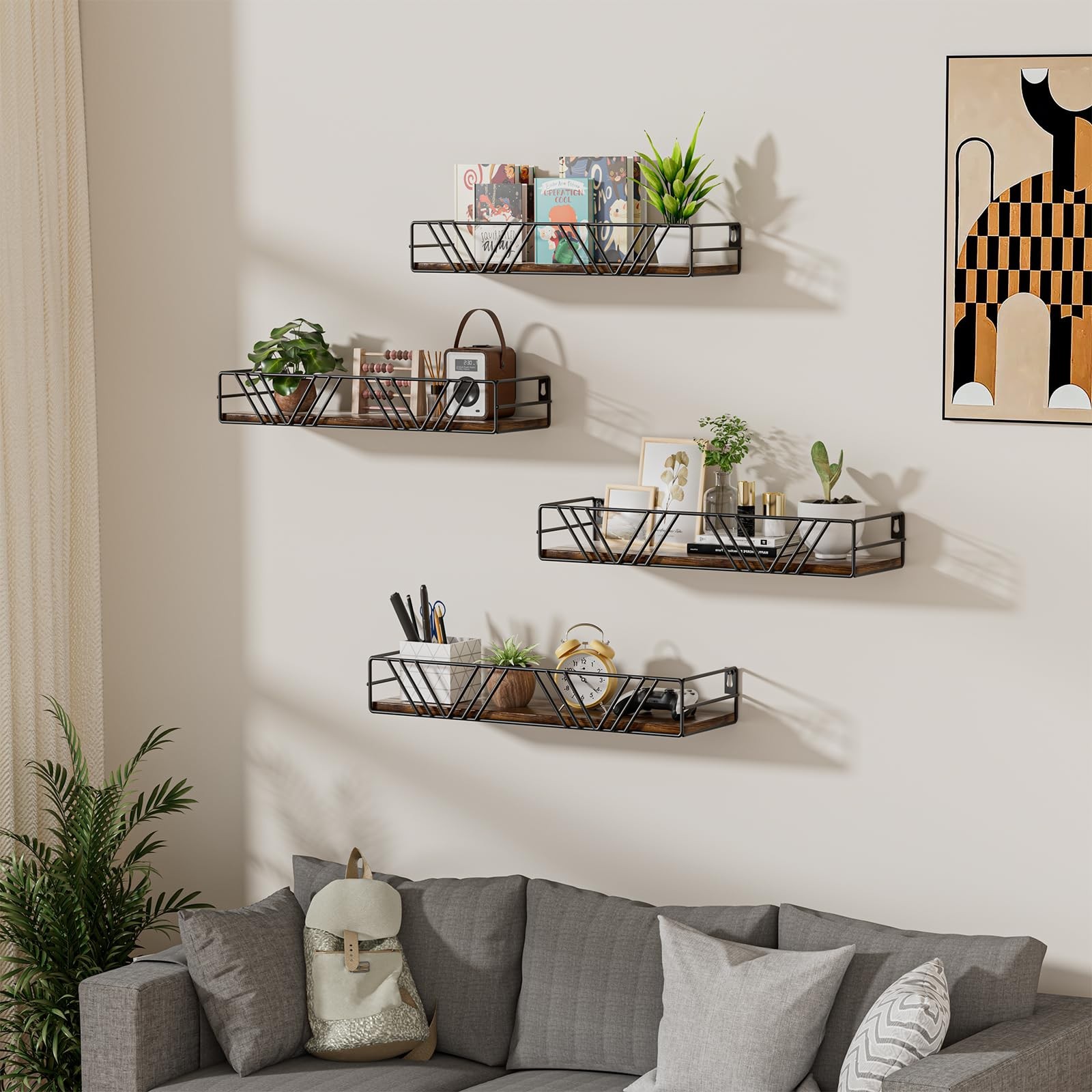 Rustic Floating Wall Shelves Set of 4 with Metal Frame | Hanging Storage for Hom
